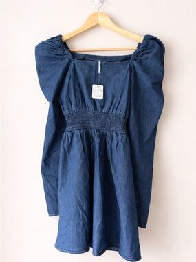 Free People Denim Square-Neck Smocked long sleeve Waist Dress - Dark Blue
